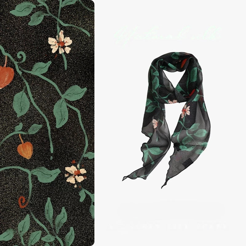 Black botanical mulberry silk georgette skinny scarf with floral print