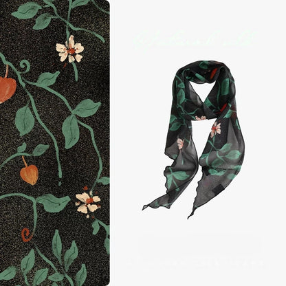 Black botanical mulberry silk georgette skinny scarf with floral print