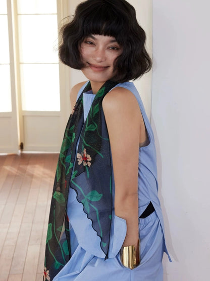 Elegant black floral silk georgette scarf styled as a long neck scarf