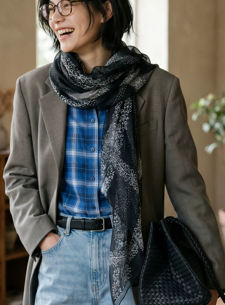 Black floral silk chiffon scarf styled with a blazer and plaid shirt for everyday wear