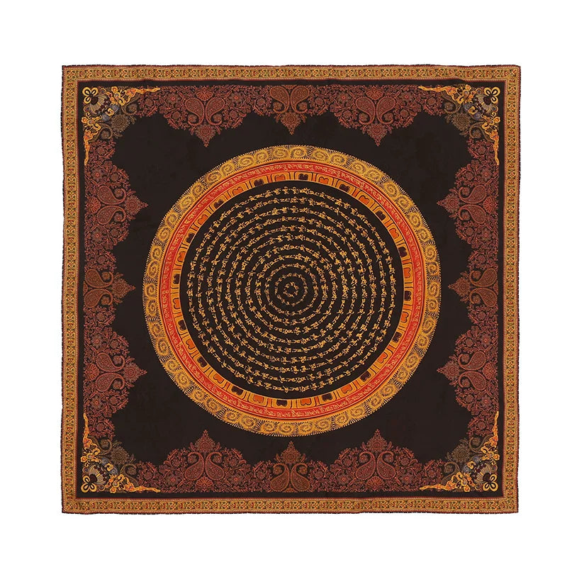 Black gold mantra Xiangyun silk square scarf with a circular mandala design and ornate border