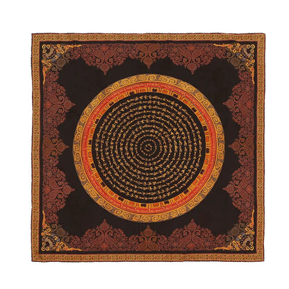 Black gold mantra Xiangyun silk square scarf with a circular mandala design and ornate border