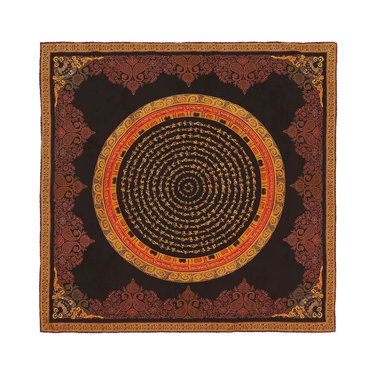 Black gold mantra Xiangyun silk square scarf with a circular mandala design and ornate border