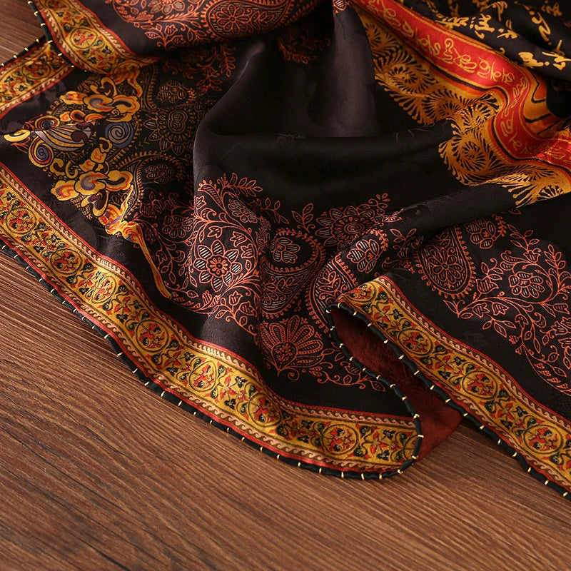 Xiangyun silk square scarf with black, burgundy, and antique gold ornamental details