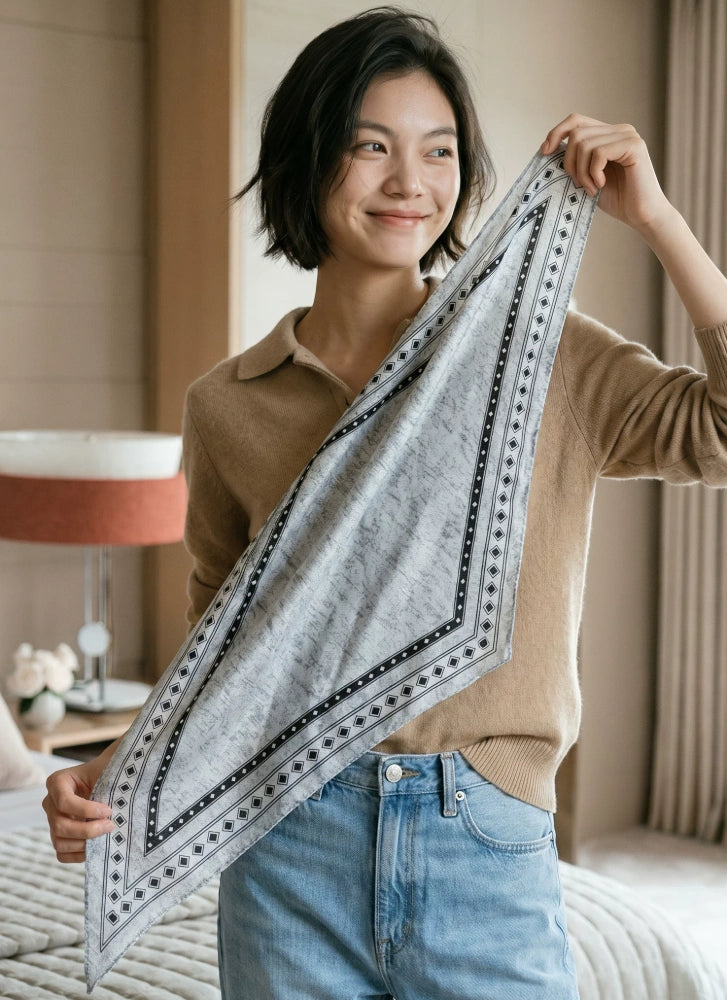 Model displaying the full diamond shape of a black and gray geometric silk wool scarf
