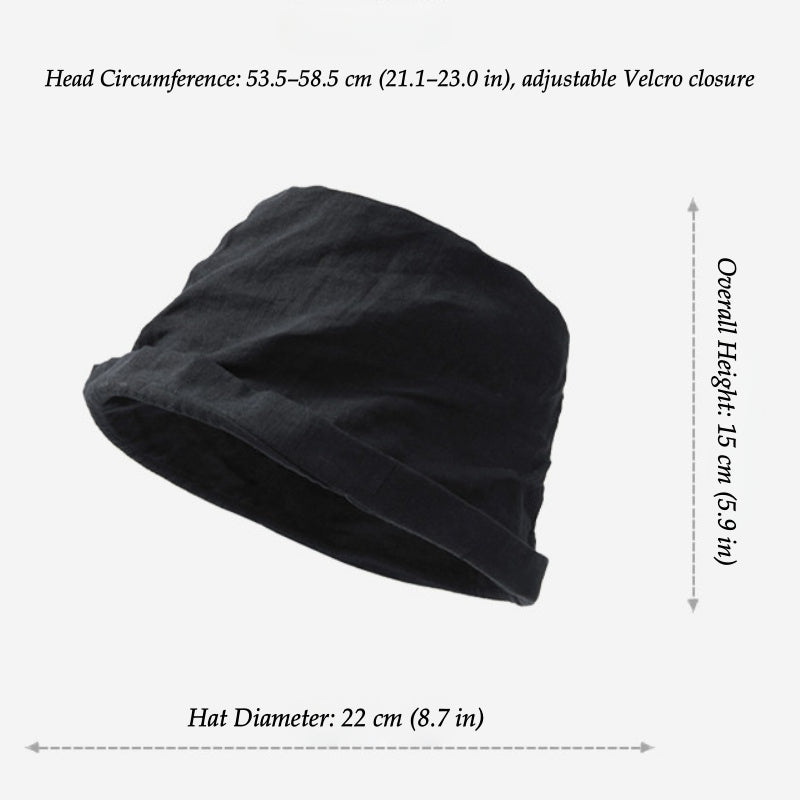 Black crinkled linen bucket hat showing foldable design and adjustable head circumference detail
