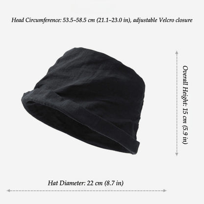 Black crinkled linen bucket hat showing foldable design and adjustable head circumference detail