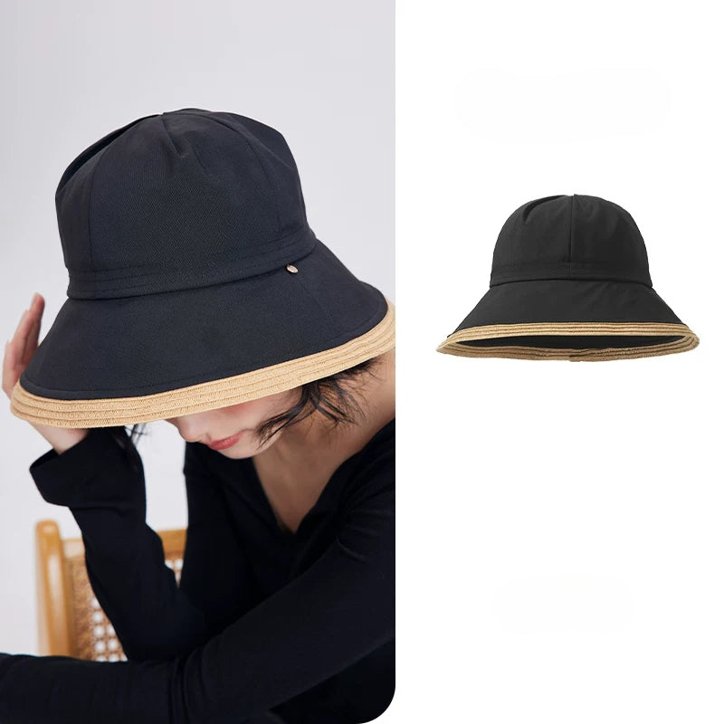 black wide brim summer sun hat with foldable bucket shape and contrast straw-style brim