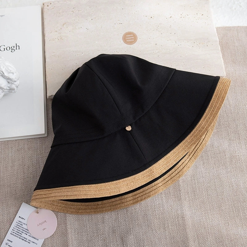 black wide brim summer hat with beige straw-style edge shown in product detail view