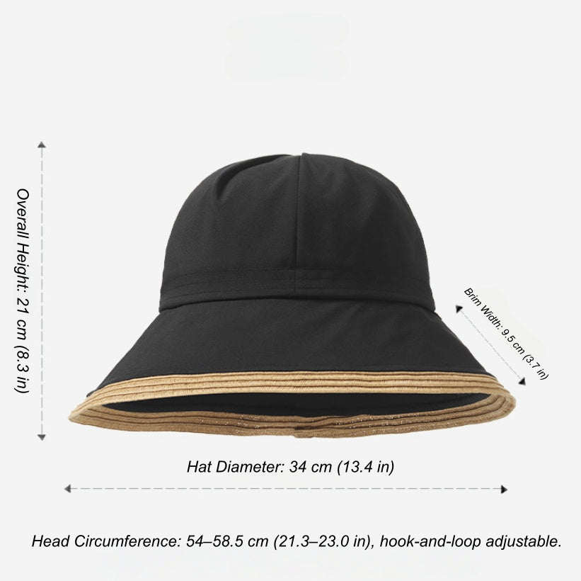 black adjustable wide brim sun hat with size guide and hook-and-loop fit detail