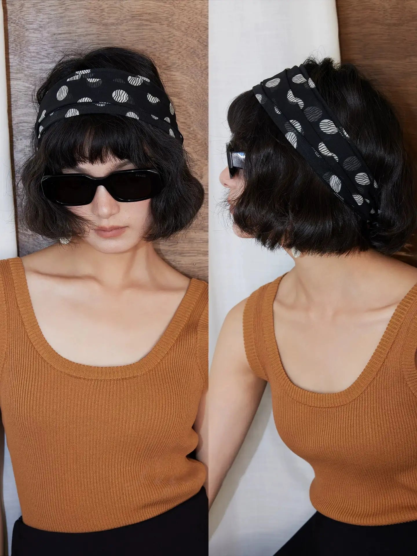 Black polka dot silk hair scarf styled as a head scarf and back bow, lightweight mulberry silk twilly