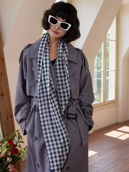 Black white gingham mulberry silk twilly scarf worn as an elegant neck ribbon for classic everyday styling