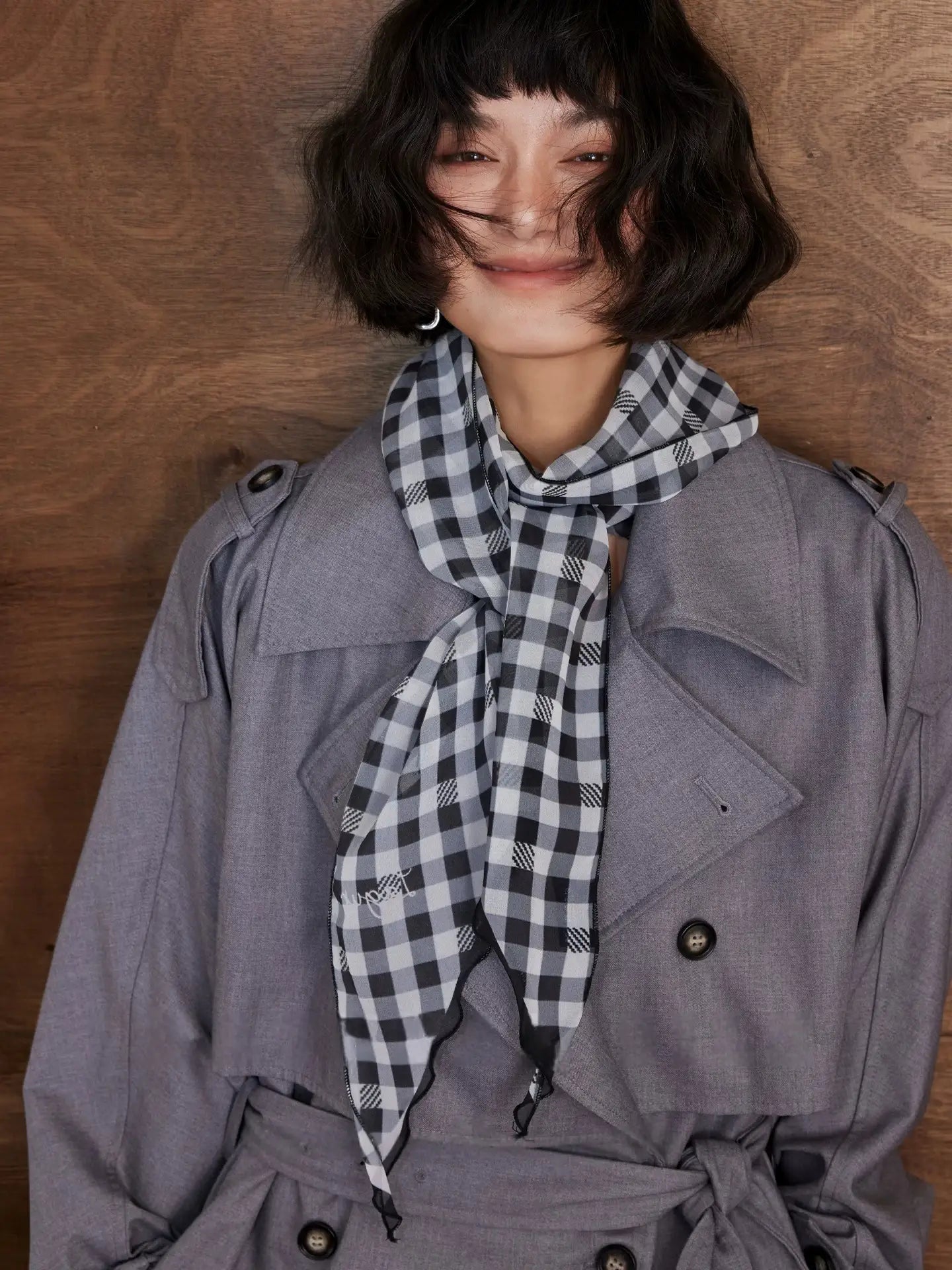 100% mulberry silk gingham scarf tied at the neck, lightweight long silk twilly for elegant layering