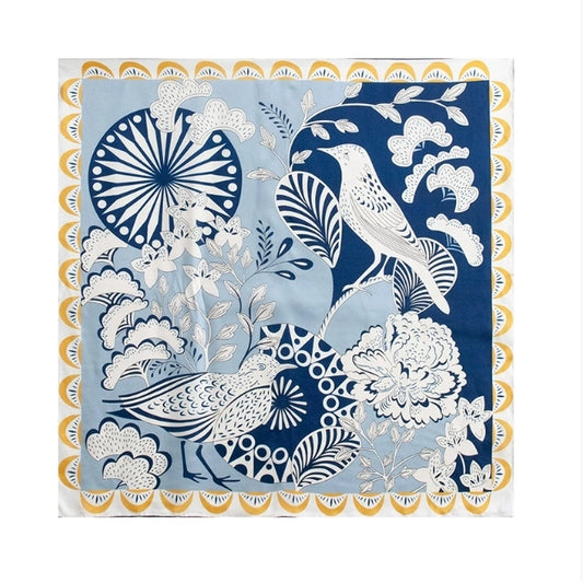 Blue floral and bird print silk square scarf with elegant gold border and artistic abstract pattern.