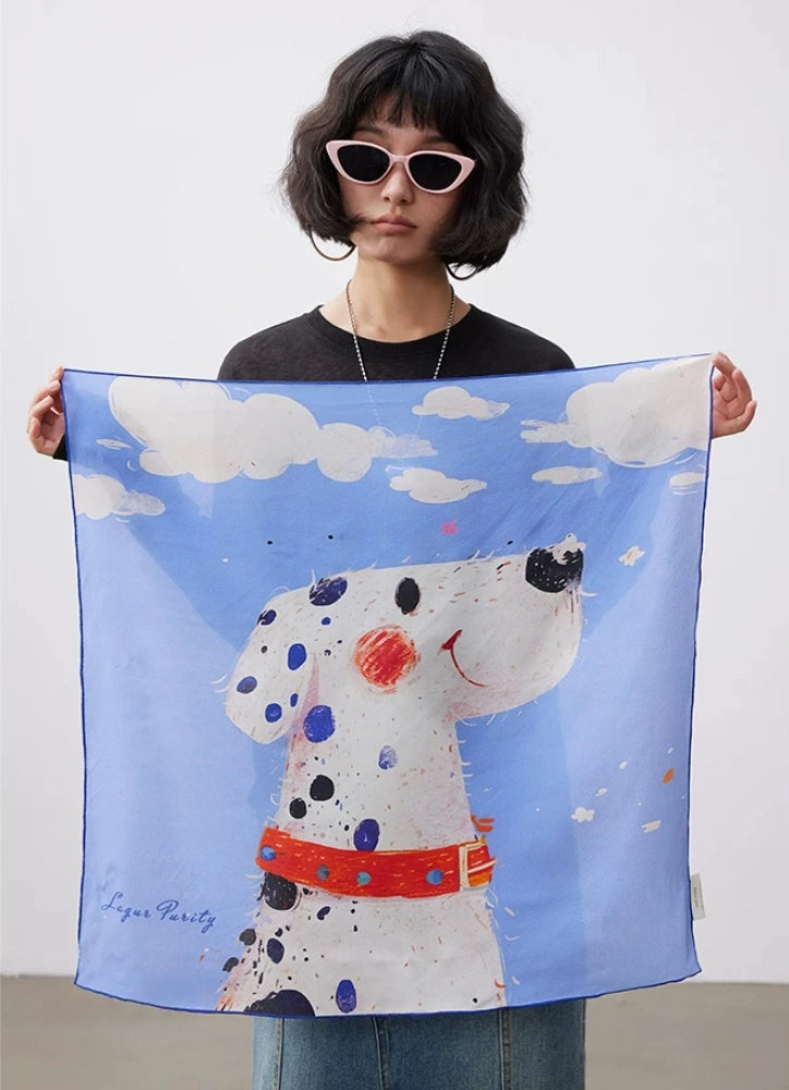 Blue dalmatian print mulberry silk square scarf displayed in full size with playful animal illustration