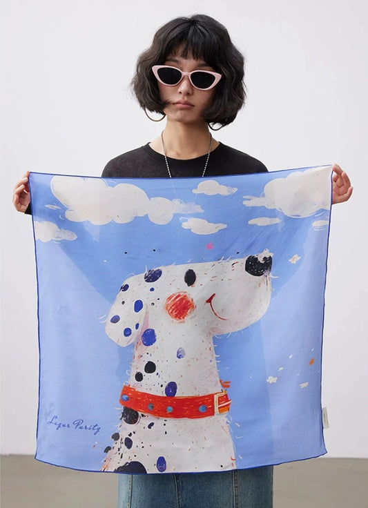 Blue dalmatian print mulberry silk square scarf displayed in full size with playful animal illustration