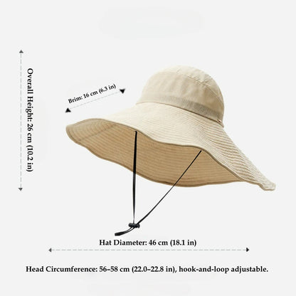 Blue gray wide brim sun hat size guide with 16 cm brim and adjustable 56–58 cm head circumference