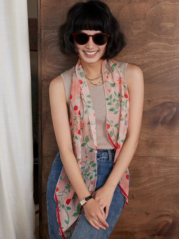 Lightweight mulberry silk scarf in blush pink botanical print for summer styling
