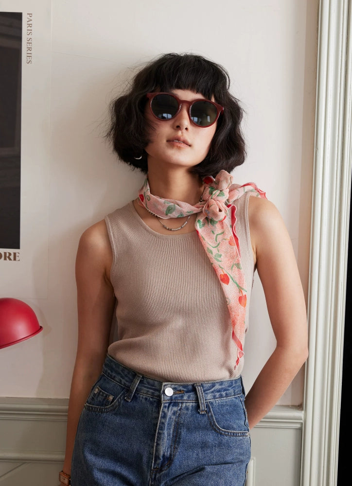 Dainty botanical skinny silk scarf worn with sunglasses and casual summer outfit