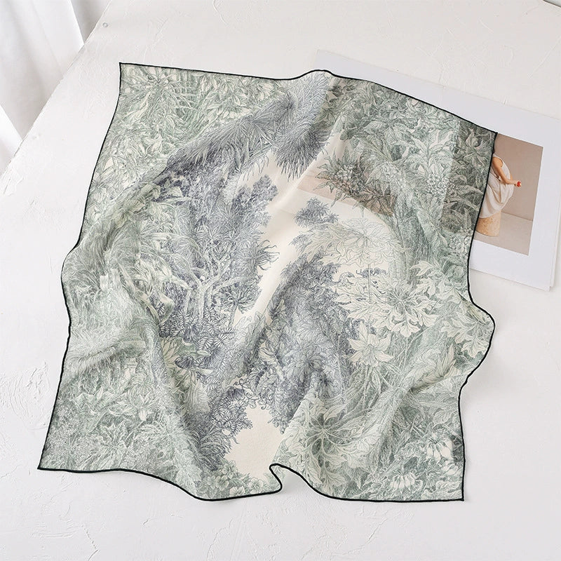 Deep green botanical print silk square scarf made from 100% mulberry silk