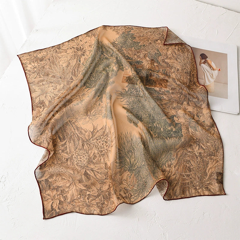 Deep coffee botanical mulberry silk scarf square with vintage floral garden print