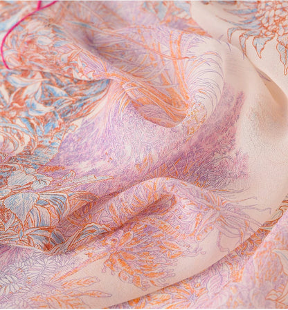Close-up of pink botanical silk scarf showing soft floral details and smooth silk sheen