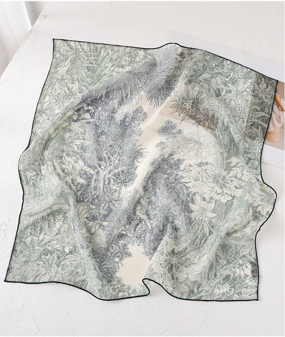Deep green botanical print mulberry silk square scarf displayed flat