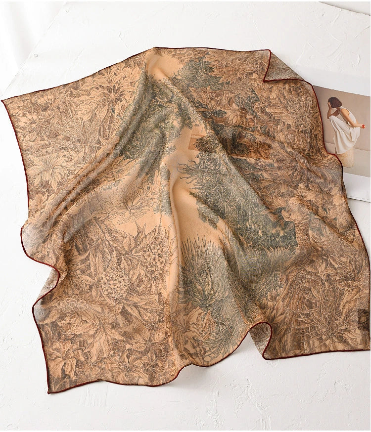 Deep coffee botanical print mulberry silk square scarf displayed flat with soft sheer texture