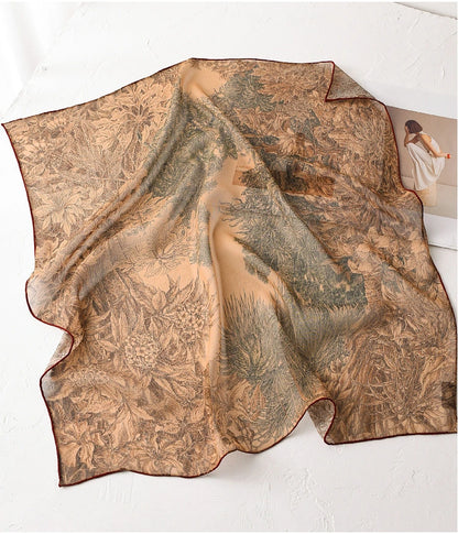 Deep coffee botanical print mulberry silk square scarf displayed flat with soft sheer texture