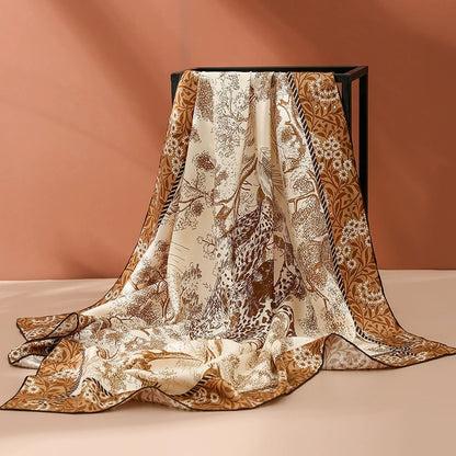 Brown cheetah forest 100% mulberry silk square scarf displayed with elegant drape and luxury sheen