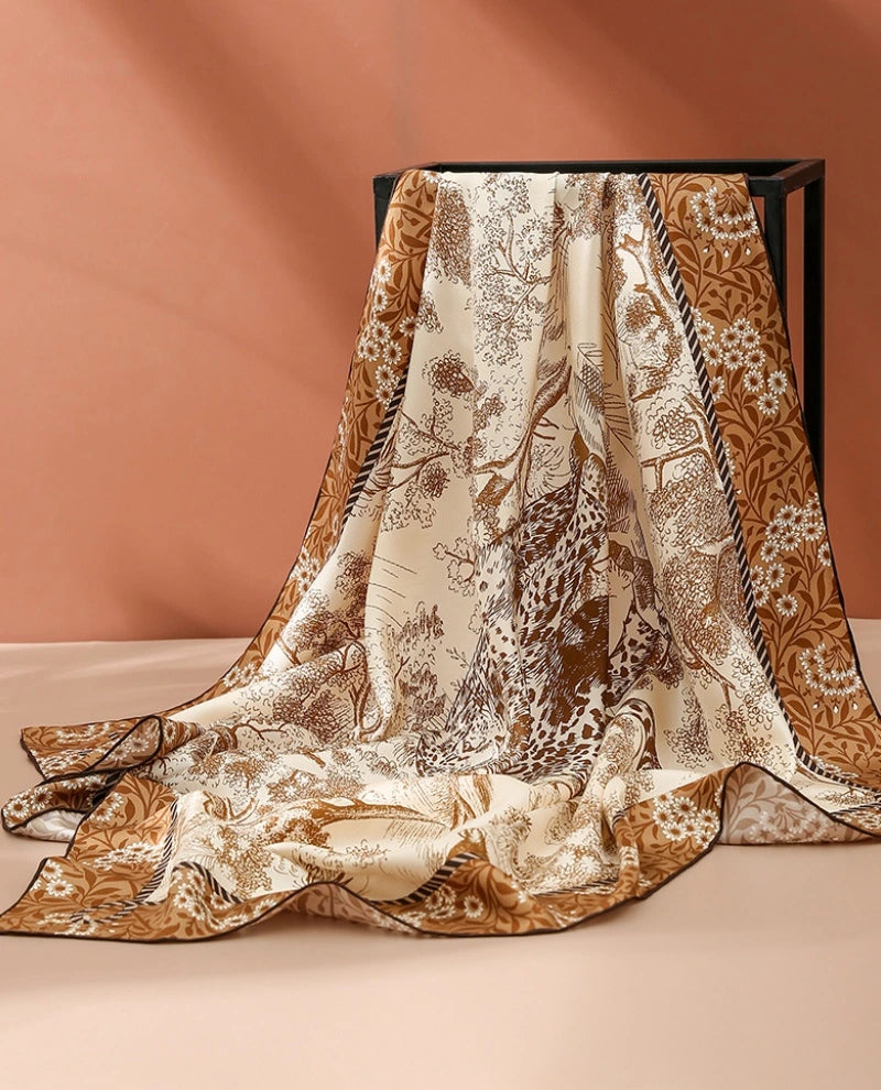 Elegant brown 100% mulberry silk square scarf with cheetah forest print for neck styling or scarf top looks