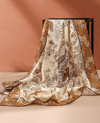 Elegant brown 100% mulberry silk square scarf with cheetah forest print for neck styling or scarf top looks