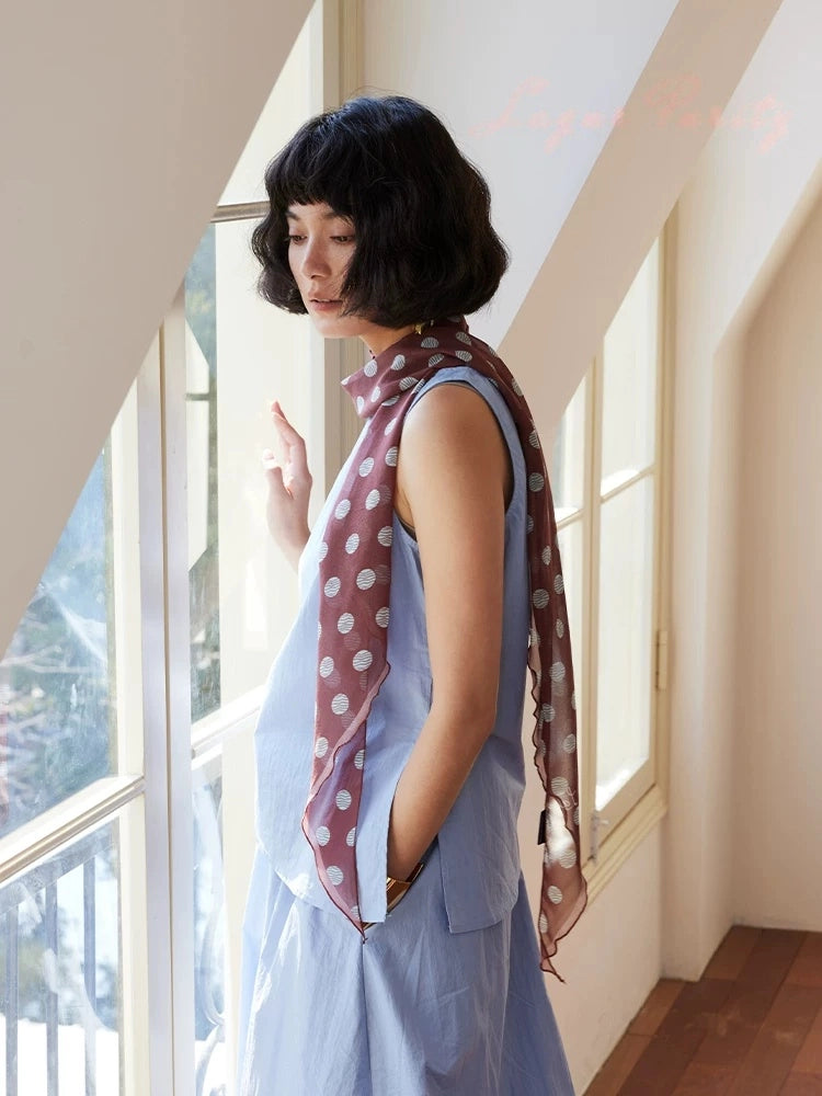 Vintage brown polka dot silk ribbon scarf styled as a soft neck scarf with airy long drape