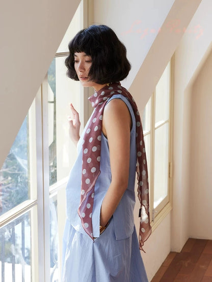 Vintage brown polka dot silk ribbon scarf styled as a soft neck scarf with airy long drape