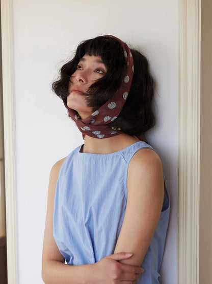 Brown polka dot mulberry silk scarf styled as a head scarf, elegant lightweight silk hair scarf