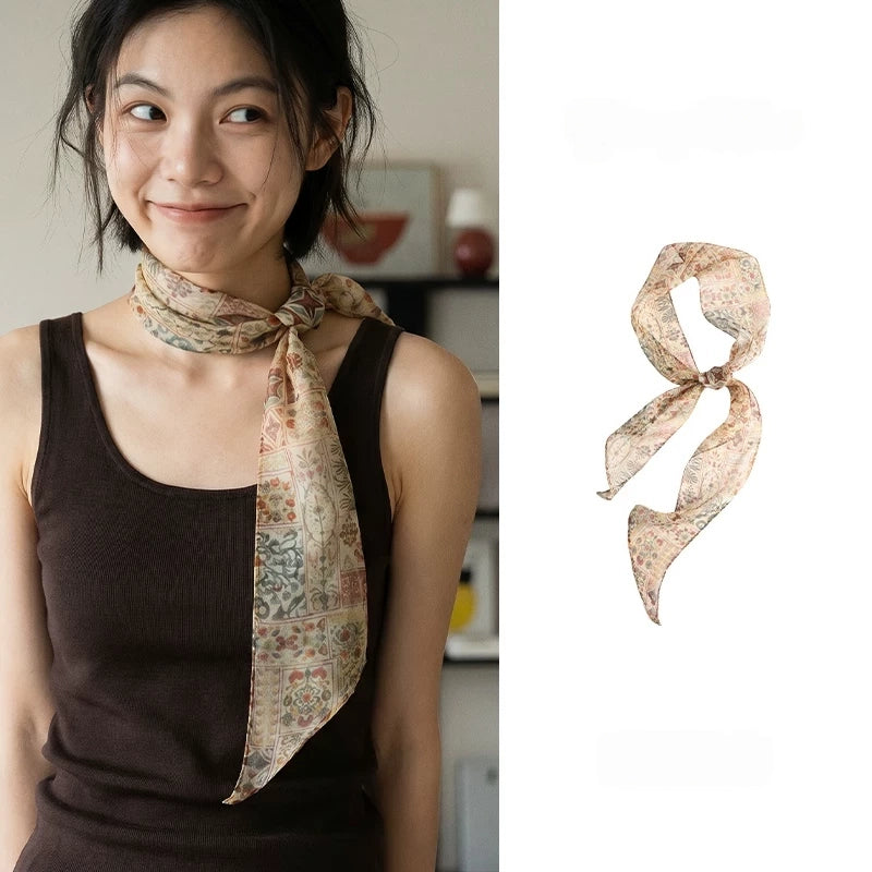 Woman wearing a brown vintage floral mulberry silk skinny scarf beside a product view on a white background