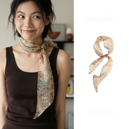 Woman wearing a brown vintage floral mulberry silk skinny scarf beside a product view on a white background