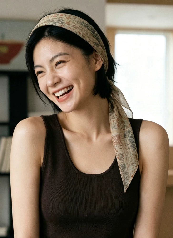 Woman wearing a brown floral mulberry silk skinny scarf as a headband with long trailing ends