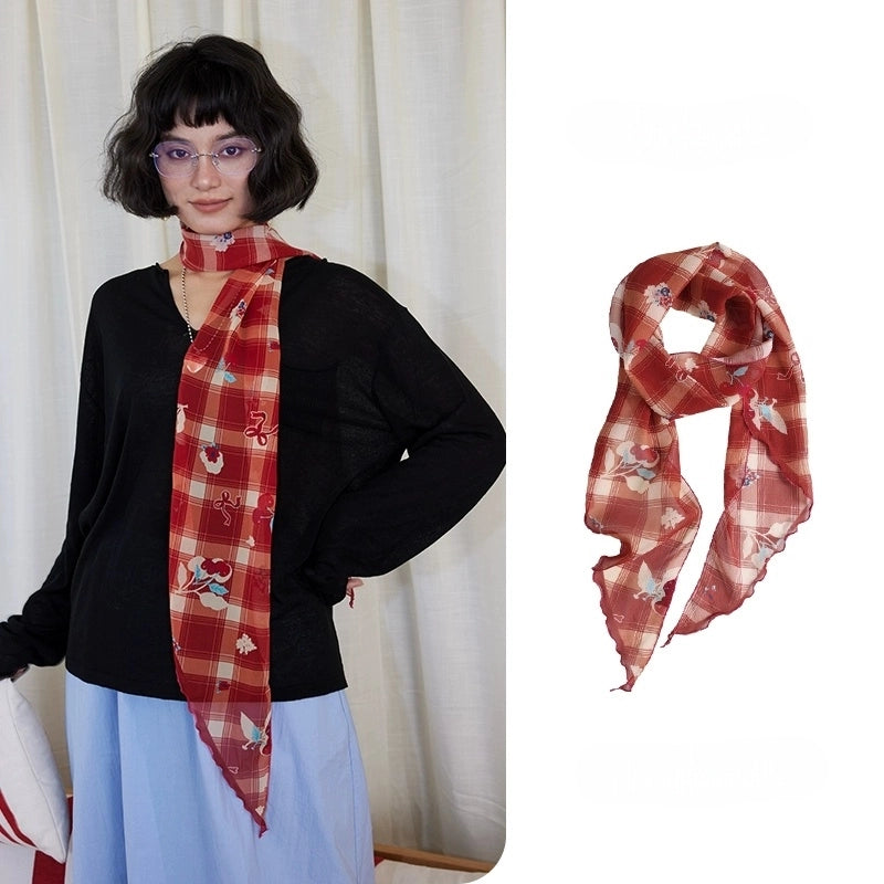 Burgundy cherry plaid skinny silk scarf in 100% mulberry silk, styled as a neck scarf with matching product display