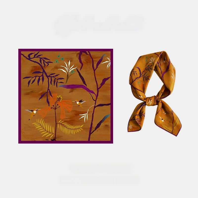 Burnt orange 63 cm mulberry silk square scarf with purple branches and abstract botanicals, shown flat and tied