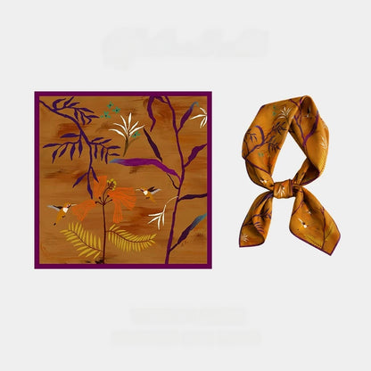 Burnt orange 63 cm mulberry silk square scarf with purple branches and abstract botanicals, shown flat and tied