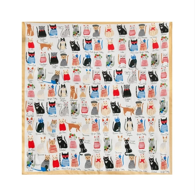 Cat print small silk square scarf with ivory border and playful illustrated feline pattern.