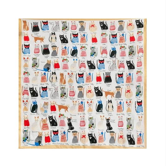 Cat print small silk square scarf with ivory border and playful illustrated feline pattern.