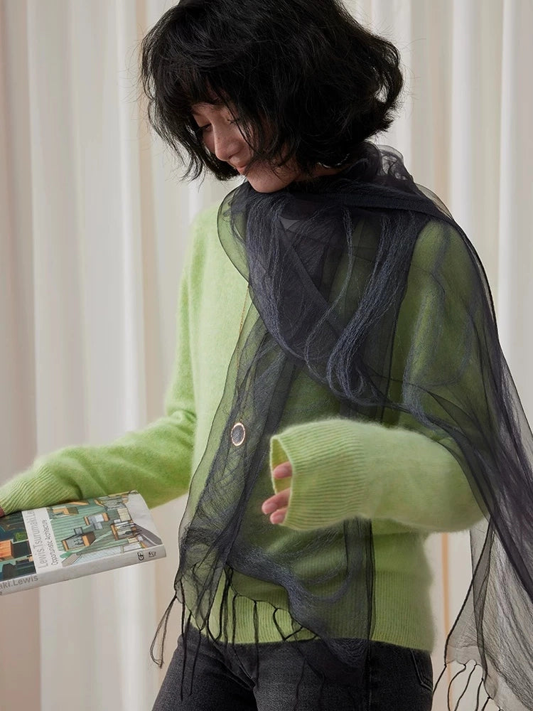 Charcoal gray lightweight silk wrap draped around the neck and shoulders