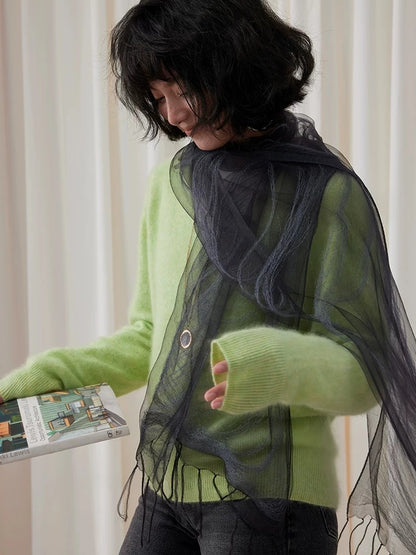 Charcoal gray lightweight silk wrap draped around the neck and shoulders
