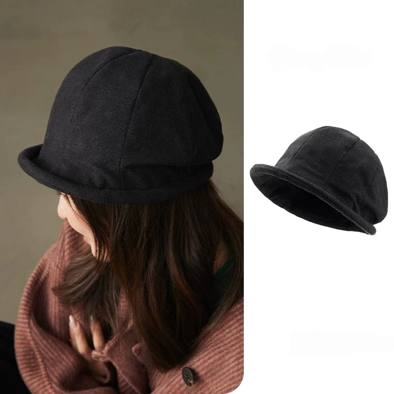 Charcoal gray rolled brim felt cloche hat shown from the back and in a standalone side view