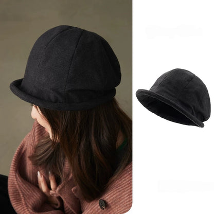 Charcoal gray rolled brim felt cloche hat shown from the back and in a standalone side view