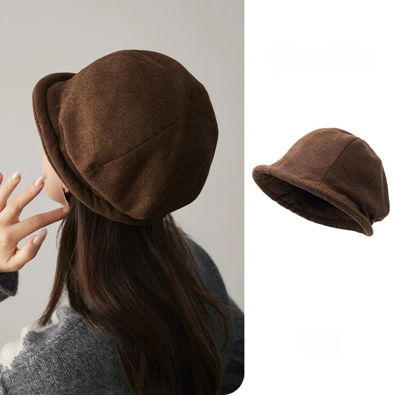 Coffee brown rolled brim felt cloche hat shown from the back and in a standalone side view