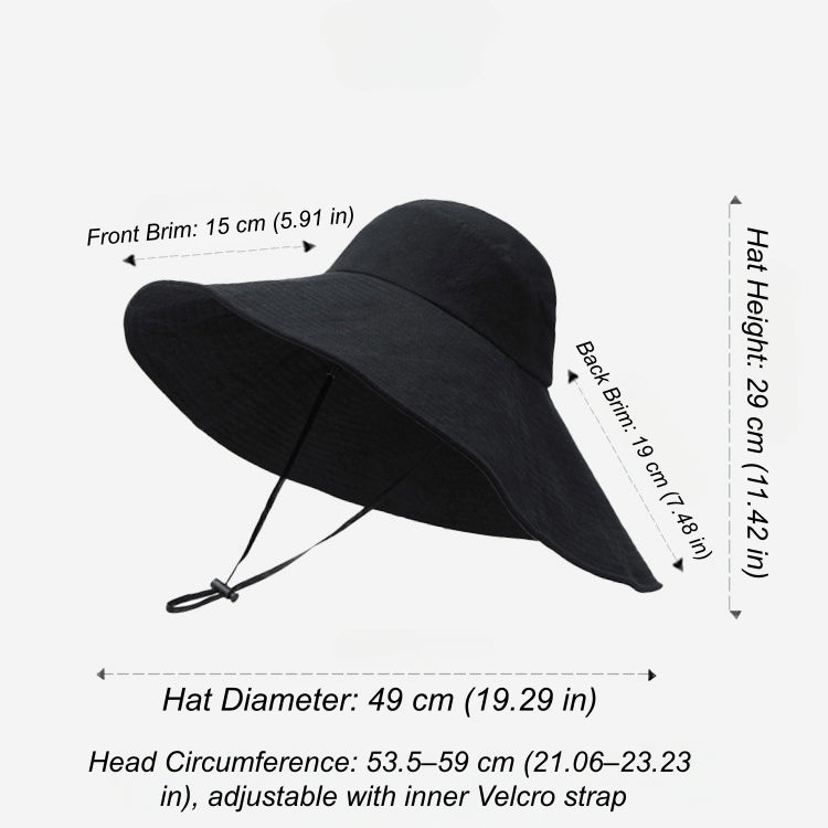 Ivory cotton oversized wide brim sun hat size chart with wind cord and inner Velcro adjustable fit