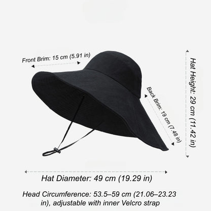 Ivory cotton oversized wide brim sun hat size chart with wind cord and inner Velcro adjustable fit